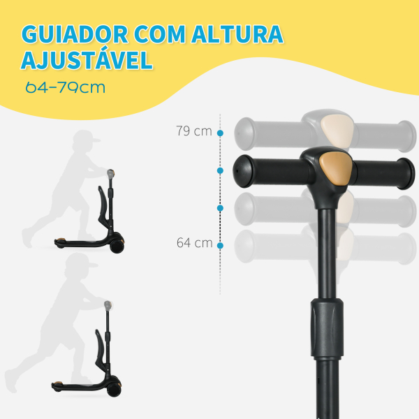 AIYAPLAY Trotinete para Crianças 2 em 1 com Altura Ajustável 3 Rodas Brilhantes e Assento para +18 Meses 58x31x64-79 cm Preto - Image 4