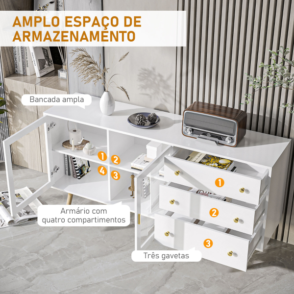 HOMCOM Aparador de Sala de Estar com 2 Portas de Vidro 3 Gavetas e Pés de Madeira de Borracha 160x40x80 cm Branco e Madeira - Image 4