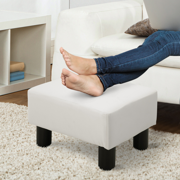 HOMCOM Apoio para os Pés Octomano Banco Pequeno Estofado em Pele Sintética com Assento Acolchoado e Pés de Plástico 40x30x24 cm Branco - Image 2