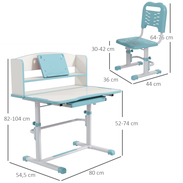 ZONEKIZ Conjunto de Secretária e Cadeira para Crianças com Altura Ajustável e Ângulo da Mesa Ajustável 80x54,5x82-104 cm Azul - Image 3