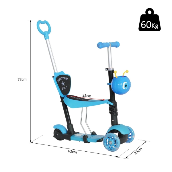 HOMCOM trotinete 5 em 1 para crianças de acima de1 ano trotinete de 3 rodas com assento removível guiador ajustável 62x25x72,5 cm Azul - Image 3