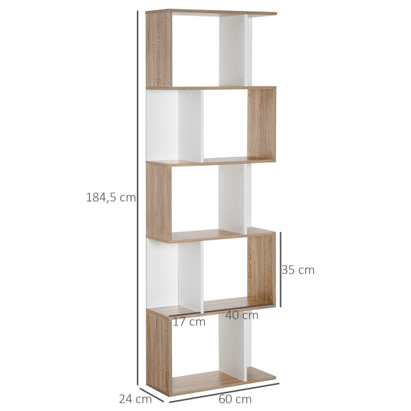 HOMCOM Estante para Livros Estante Alta de Parede com 5 Níveis em Forma de S Desenho Moderno 60x24x184,5cm Branco e Madeira - Image 3