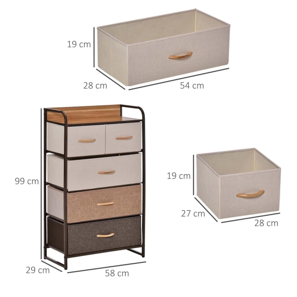 HOMCOM Cómoda de Tecido com 5 Cestos Removíveis e Dobráveis Base Elevada Móvel de Armazenamento para Dormitório Sala de Estar 58x29x99cm Multicor - Image 3