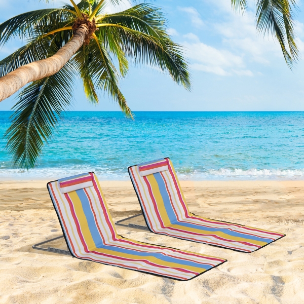 Outsunny Conjunto de 2 Esteiras de Praia Dobráveis 124x53x50cm com Encosto Ajustável e Apoio para a Cabeça Esteira de Praia Tecido Oxford Aço com Bolsa de Transporte Multicor - Image 2