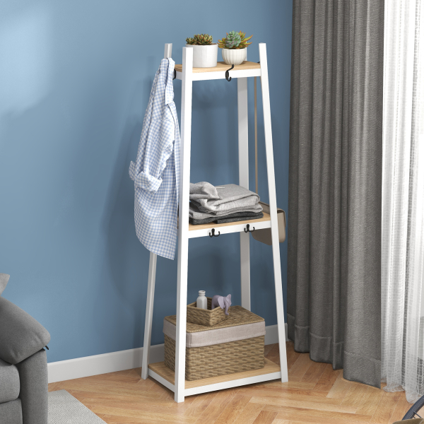 HOMCOM Suporte para Cabides de 3 Níveis Suporte para Cabides com 6 Ganchos e Prateleiras para Entrada Corredor 61x41x165 cm Natural - Image 2