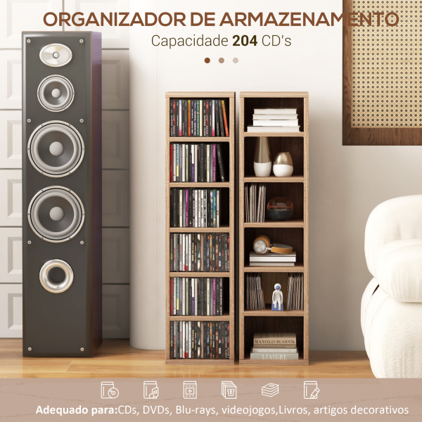 HOMCOM Estante para CD ou DVD com 12 Compartimentos para 204 CDs e Prateleira Ajustável 2 Unidades 21x22,5x88,5 cm Madeira - Image 4