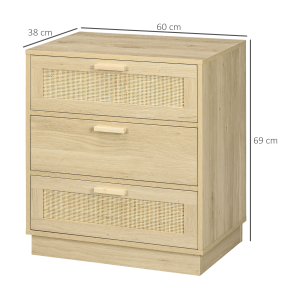 HOMCOM Cómoda com 3 Gavetas de Vime Cómoda de Madeira para Dormitório Sala de Estar Estilo Boêmio 60x38x69 cm Madeira - Image 3
