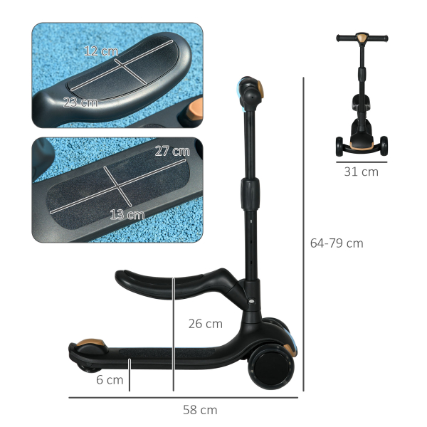 AIYAPLAY Trotinete para Crianças 2 em 1 com Altura Ajustável 3 Rodas Brilhantes e Assento para +18 Meses 58x31x64-79 cm Preto - Image 3