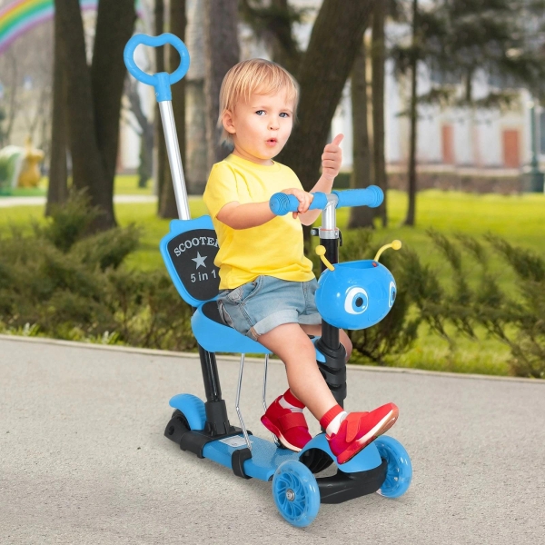 HOMCOM trotinete 5 em 1 para crianças de acima de1 ano trotinete de 3 rodas com assento removível guiador ajustável 62x25x72,5 cm Azul - Image 2