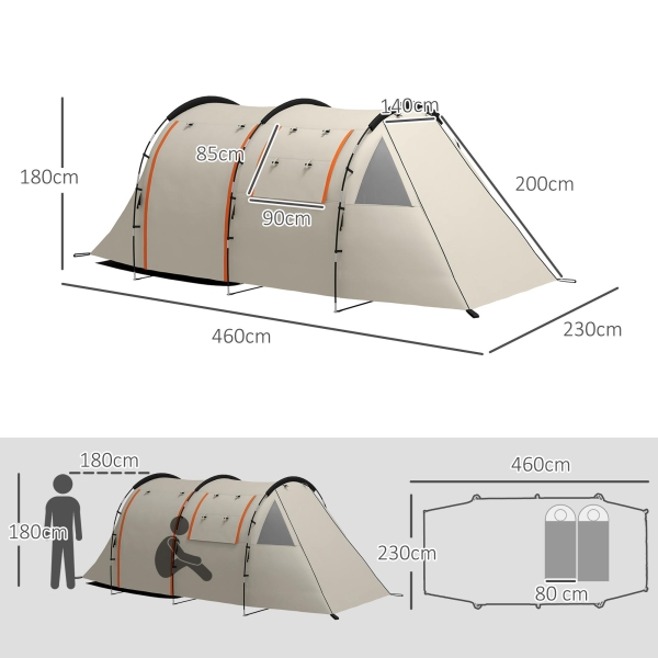 Outsunny Tenda de Campismo Familiar para 4-5 Pessoas com 2 Quartos 5 Portas e Bolsa de Transporte Impermeável 460x230x180 cm Caqui - Image 3
