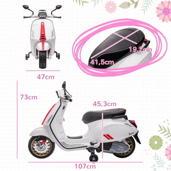 AIYAPLAY Moto Elétrica para Crianças de 3-6 Anos com Licença Vespa com USB MP3 Luz LED Rádio FM Velocidade 3 km/h Carga 35 kg Branco - Image 3