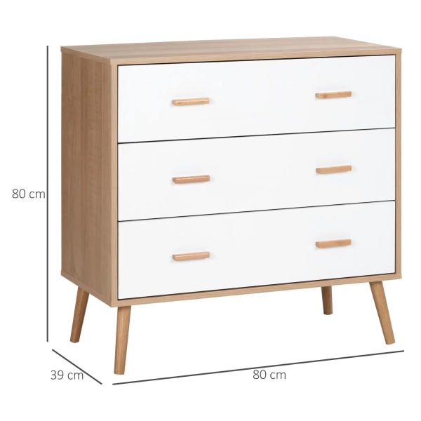 HOMCOM Cómoda de Madeira com 3 Gavetas Armário Auxiliar de Armazenamento Moderna com Pés Elevados para Dormitório Sala de Estar 80x39x80cm Branco e Madeira Natural - Image 3