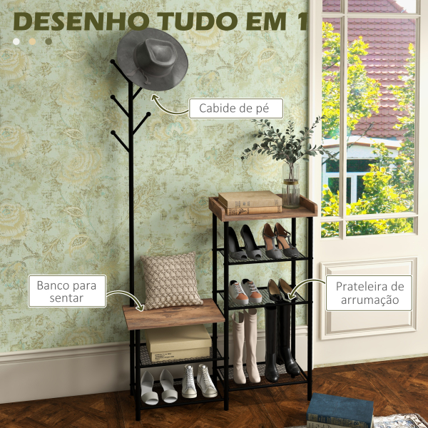 HOMCOM Móvel Cabide de Entrada com Sapateira 5 Prateleiras 6 Ganchos Estilo Industrial 92,5x28x182 cm Marrom Rústico - Image 4