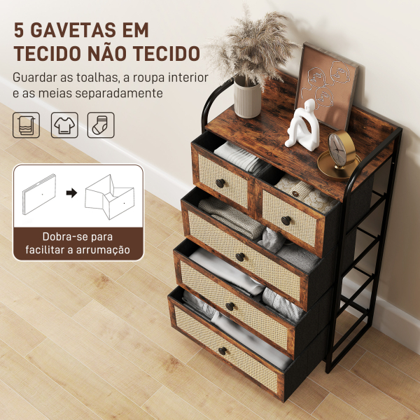 HOMCOM Cómoda de Tecido Cómoda para Dormitório com 5 Gavetas com Frente em Vime e Prateleira 58x29x99 cm Marrom Rústico - Image 4