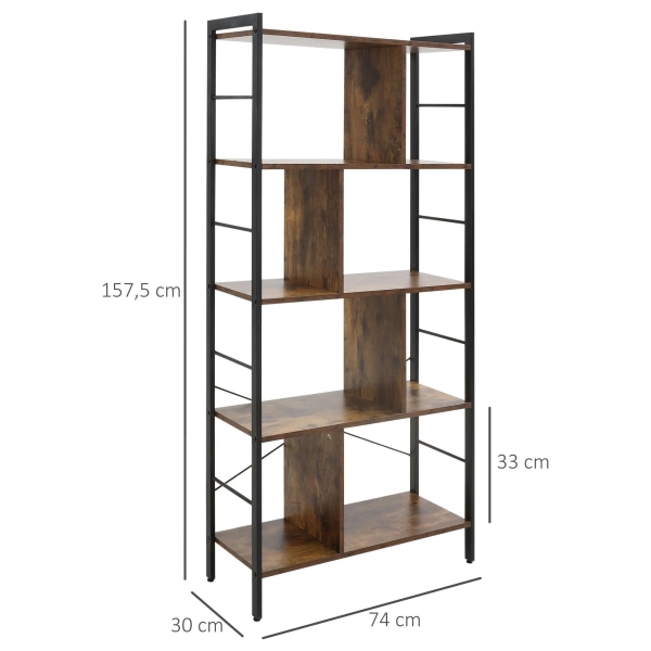 HOMCOM Estante para Livros de 4 Níveis com 8 Compartimentos de Armazenamento Estilo Industrial para Sala de Estar Escritório Dormitório 74x30x157,5cm Marrom Rústico - Image 3