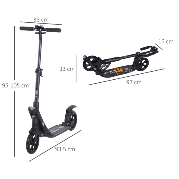 HOMCOM Trotinete Dobrável para Adultos e Crianças acima de 14 anos Guidão com Altura Ajustável Freio Rodas Grandes Carga 100kg 93,5x38x95-105cm Preto - Image 3
