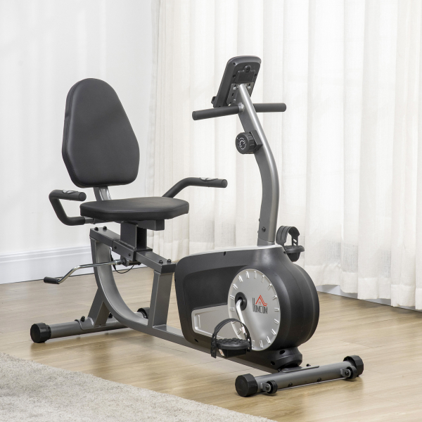 HOMCOM Bicicleta Estática com Encosto com 8 Níveis de Resistência Magnética Comprimento Ajustável Ecrã LCD 122-137x62x103 cm Cinza - Image 2