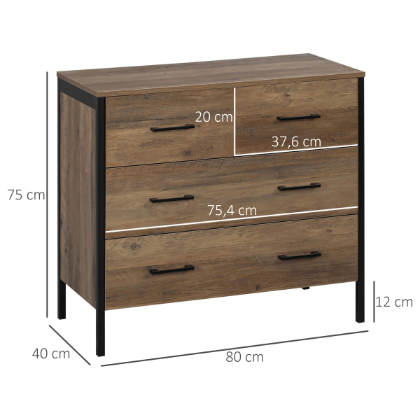 HOMCOM Cómoda com 4 Gavetas Cómoda de Madeira para Dormitório Móvel de Armazenamento Estilo Industrial 80x40x75cm Marrom e Preto - Image 3
