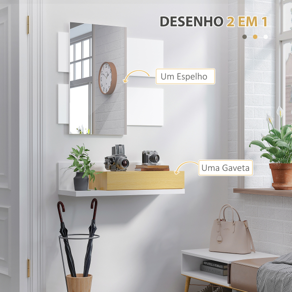 HOMCOM Conjunto de Móveis de Entrada com Espelho e Gaveta Estilo Moderno 75x4x70cm e 75x29x20cm Branco e Madeira - Image 4