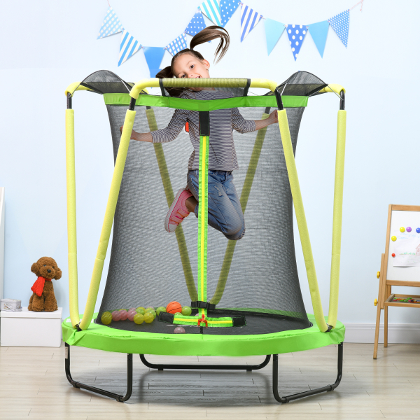 ZONEKIZ Trampolim Infantil Ø140x155 cm Trampolim para Crianças de 3-10 Anos com Cesta de Basquetebol e 20 Bolas de Plástico Verde - Image 2