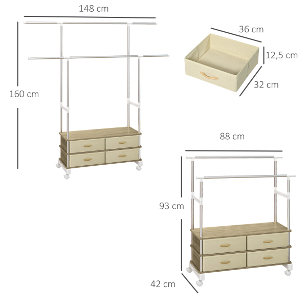 HOMCOM Charriot de Roupa com Rodas Altura Ajustável Barras Extensíveis e 4 Gavetas de Tecido  88-148x42x93-160 cm Bege - Image 3