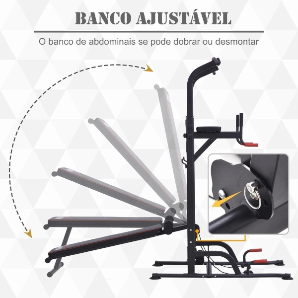 HOMCOM Estação de Musculação Multifuncional Torre de Treinamento com Altura Ajustável com Banco Dobrável Barra de Elevação para Fitness 220x98x181-229cm Preto - Image 4
