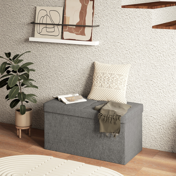 HOMCOM Baú de Armazenamento para Dormitório 84L Puff de Armazenamento Dobrável Estofado em Linho Sintético 76x38x38 cm Cinza Escuro - Image 7