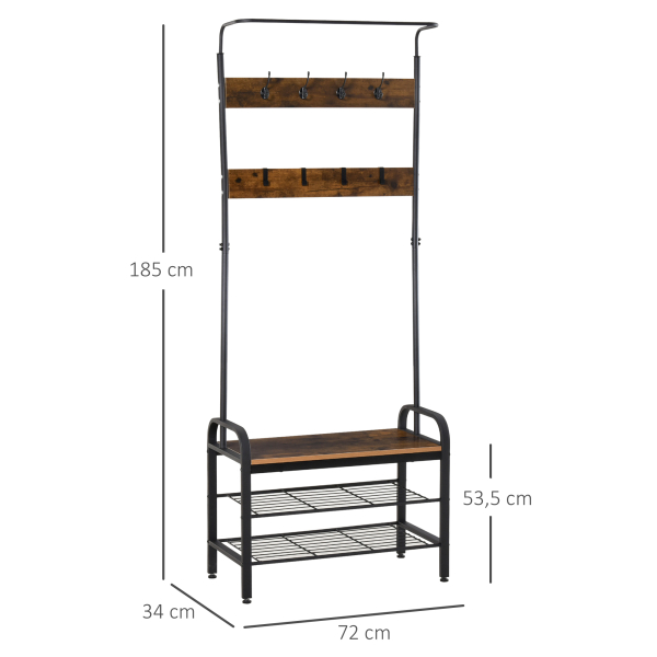 HOMCOM Móvel Cabide de Entrada com 8 Ganchos e Sapateira Armário de Entrada com Cabides 72x34x185cm Marrom e Preto - Image 3