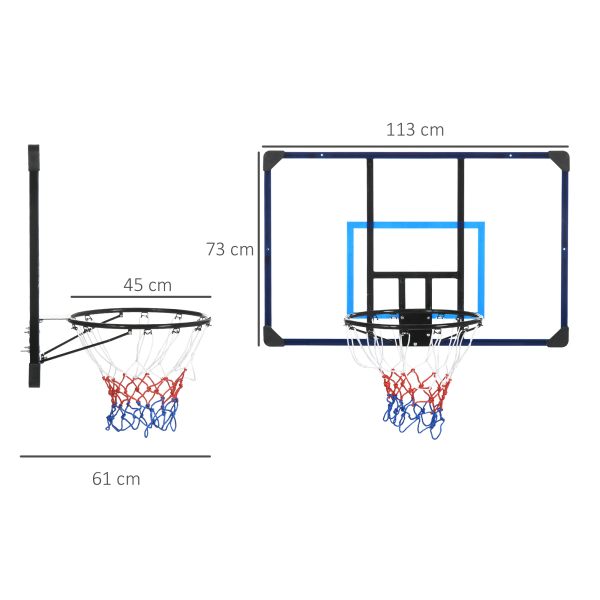 SPORTNOW Tabela de Basquetbol de Parede Cesta de Basquetebol para Exterior 113x61x73 cm Azul e Preto - Image 3