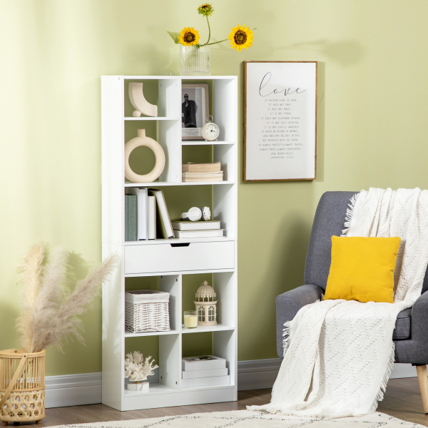 HOMCOM Estante de Madeira Estante para Livros com 1 Gaveta e 9 Compartimentos de Armazenamento 60x26x158cm Branco - Image 2