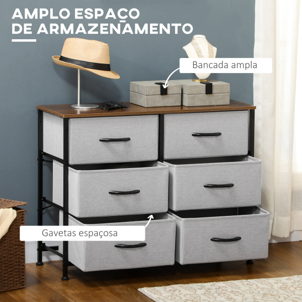 HOMCOM Cómoda Estilo Industrial Cómoda com 6 Gavetas de Tecido Dobrável com Pés com Almofadas Ajustáveis 80x30x62,5 cm Cinza e Marrom - Image 4