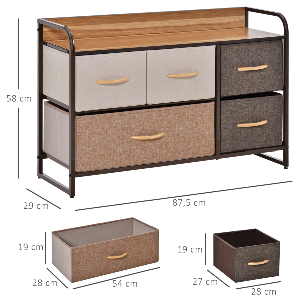 HOMCOM Cómoda com 5 Gavetas de Tecido Amovíveis e Dobráveis Base Elevada Armário de Armazenamento 87,5x29x58cm Multicor - Image 3