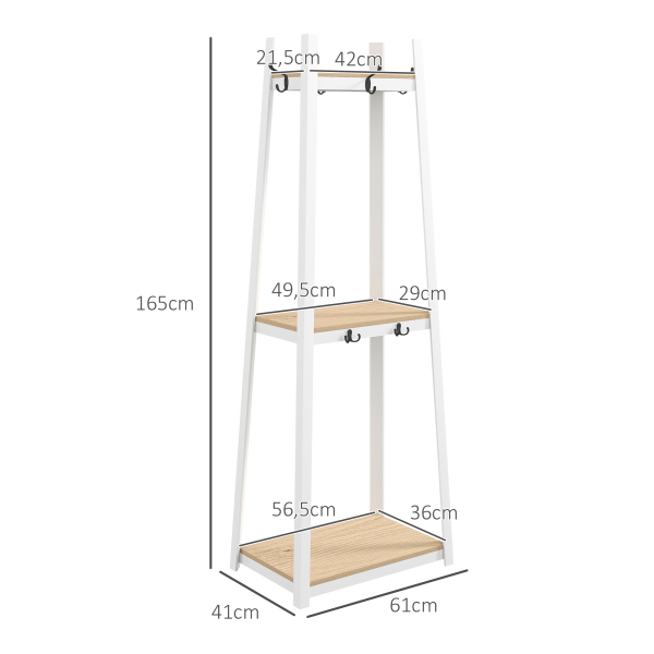 HOMCOM Suporte para Cabides de 3 Níveis Suporte para Cabides com 6 Ganchos e Prateleiras para Entrada Corredor 61x41x165 cm Natural - Image 3