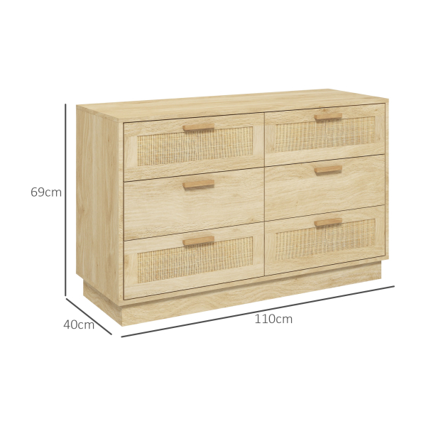 HOMCOM Cómoda para Quarto Cómoda de Madeira com 6 Gavetas de Vime Estilo Boêmio para Corredor Escritório 110x40x69 cm Carvalho - Image 3