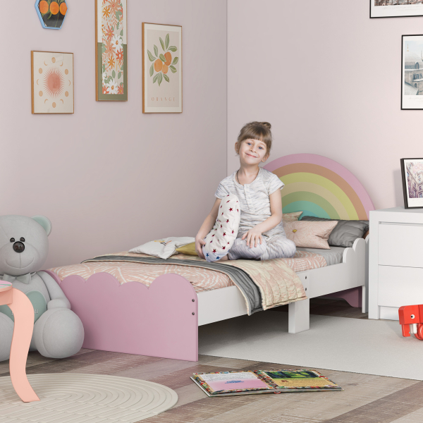 ZONEKIZ Cama para Crianças de 3-6 Anos 143x74x66 cm Cama Infantil de Madeira em Forma de Arco Íris Rosa - Image 2