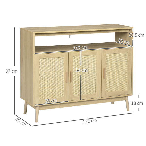 HOMCOM Aparador Sala de Estar de Estilo Cannage com 3 Portas de Vime Prateleiras Ajustáveis e Pés de Madeira 120x40x97 cm Madeira - Image 3