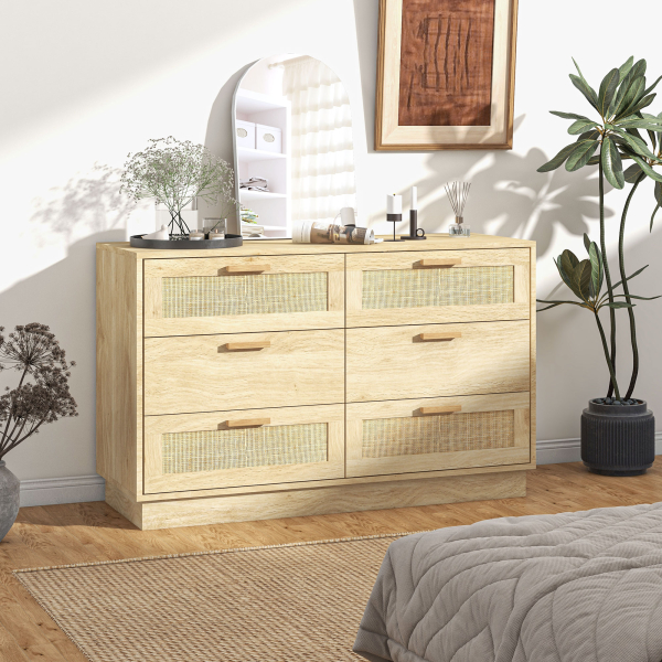 HOMCOM Cómoda para Quarto Cómoda de Madeira com 6 Gavetas de Vime Estilo Boêmio para Corredor Escritório 110x40x69 cm Carvalho - Image 2