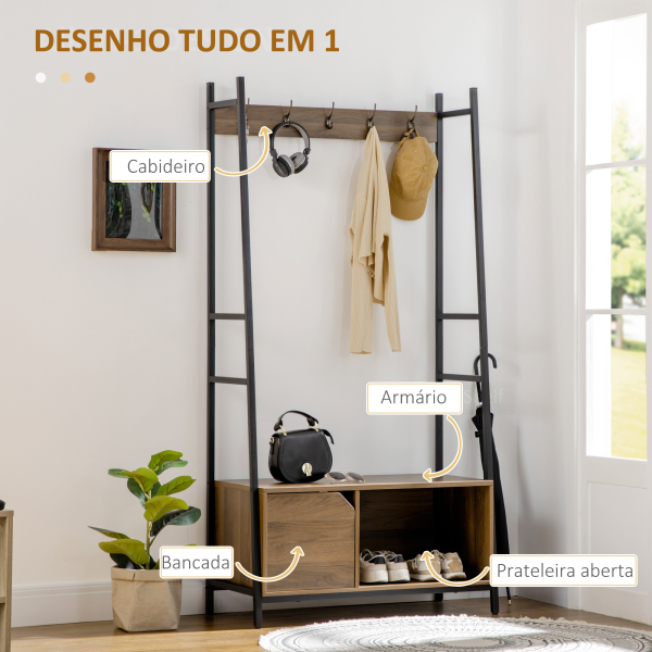 HOMCOM Móvel Cabide de Entrada com Sapateiro Banco 5 Ganchos Armário e Prateleira Aberta 84x40x169cm Marrom Rústico - Image 4