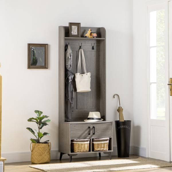 HOMCOM Móvel Cabide de Entrada com Sapateiro 3 Ganchos 2 Portas 2 Compartimentos e Prateleira de Armazenamento 60x34x170 cm Cinza - Image 2