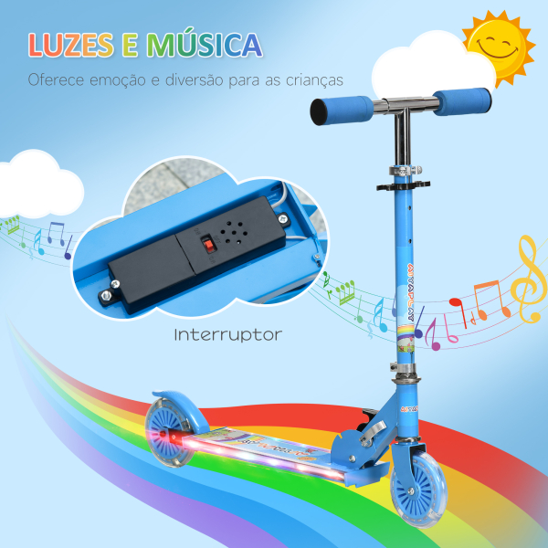HOMCOM Trotinete para Crianças Dobrável com Luzes e Música 4 Alturas Ajustável Rodas Brilhantes e Pedal LED 67x32x65-78 cm Azul - Image 4