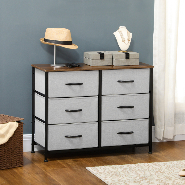 HOMCOM Cómoda Estilo Industrial Cómoda com 6 Gavetas de Tecido Dobrável com Pés com Almofadas Ajustáveis 80x30x62,5 cm Cinza e Marrom - Image 2