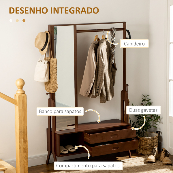 HOMCOM Móvel Cabide de Entrada com Banco Espelho 2 Gavetas 4 Ganchos Barra e Compartimento de Armazenamento 113x33x169,5cm Marrom - Image 4