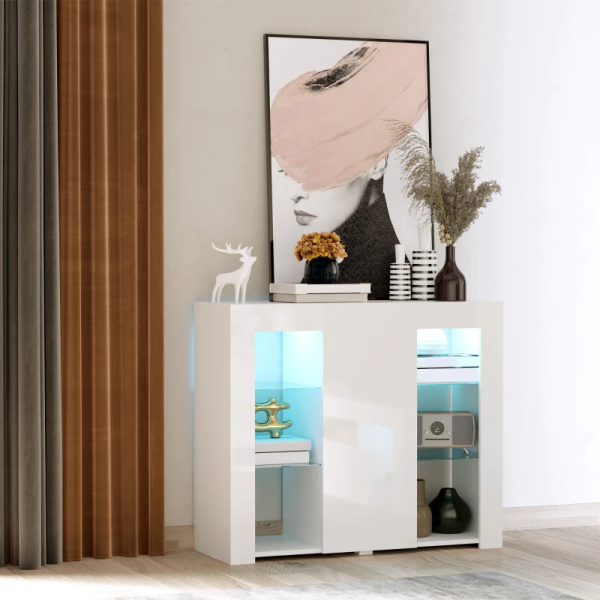 HOMCOM Aparador Moderno com Luzes LED Móvel Buffet com 1 Porta com Fechamento a Pressão e Prateleiras Ajustáveis Controle Remoto 97x35x83cm Branco - Image 2