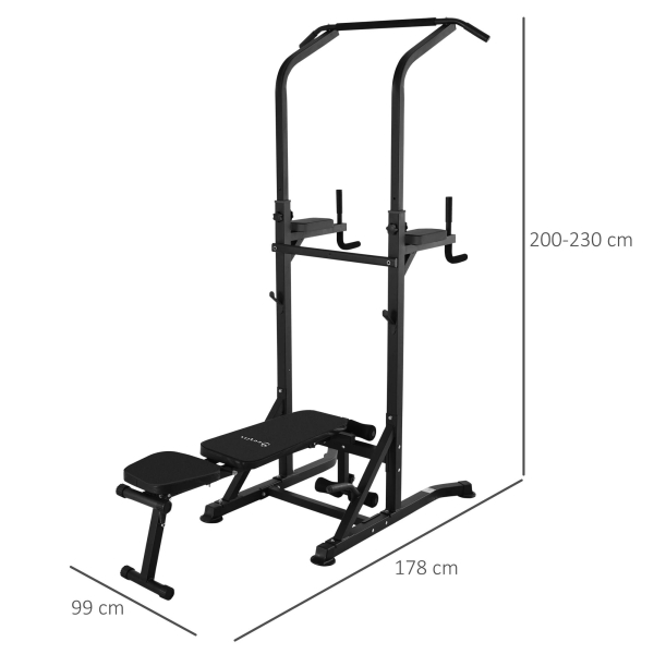 HOMCOM Estação de Musculação Torre de Treinamento Altura Ajustável com Barra de Flexões e Banco Dobrável para Fitness em Casa Academia Carga 150kg 99x178x230cm Preto - Image 3