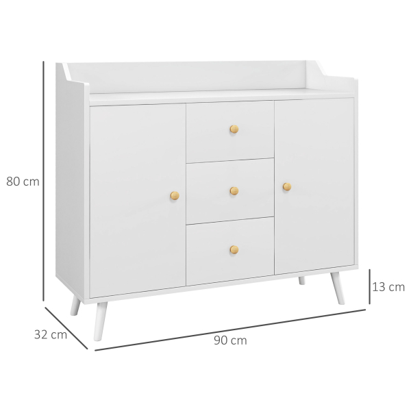 HOMCOM Aparador Sala de Estar Moderno com 2 Portas 3 Gavetas e Pés de Madeira de Pinho 90x32x80 cm Branco - Image 3