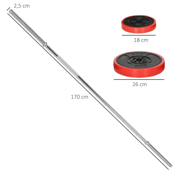 SPORTNOW Conjunto de Barra de Pesos 30 kg com Discos Conjunto de Musculação com 6 Discos e 1 Barra para Treino de Força Levantamento de Pesos 170x26x26 cm Vermelho - Image 3