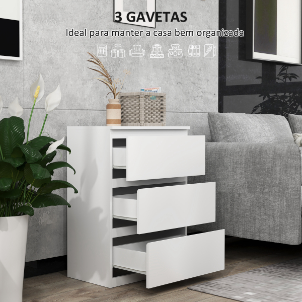 HOMCOM Cómoda com 3 Gavetas de Madeira Cómoda de Dormitório Cómoda Branca Estilo Moderno 55x34x75 cm Branco Brilhante - Image 4