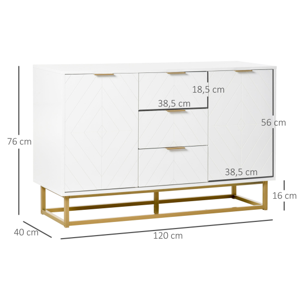 HOMCOM Aparador Auxiliar Armário de Armazenamento com 3 Gavetas e 2 Armários com Prateleira Ajustável 120x40x76 cm Branco - Image 3
