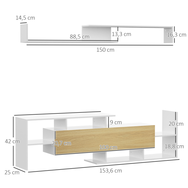 HOMCOM Móvel de TV Moderno Móvel para Televisores 153,6x25x42cm e Prateleira de Parede 150x14,5x16,3cm Branco e Madeira - Image 3