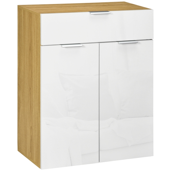 HOMCOM Aparador de Sala de Estar de Alto Brilho com Gaveta 2 Portas e Prateleira Ajustável 70x35x92 cm Branco e Madeira